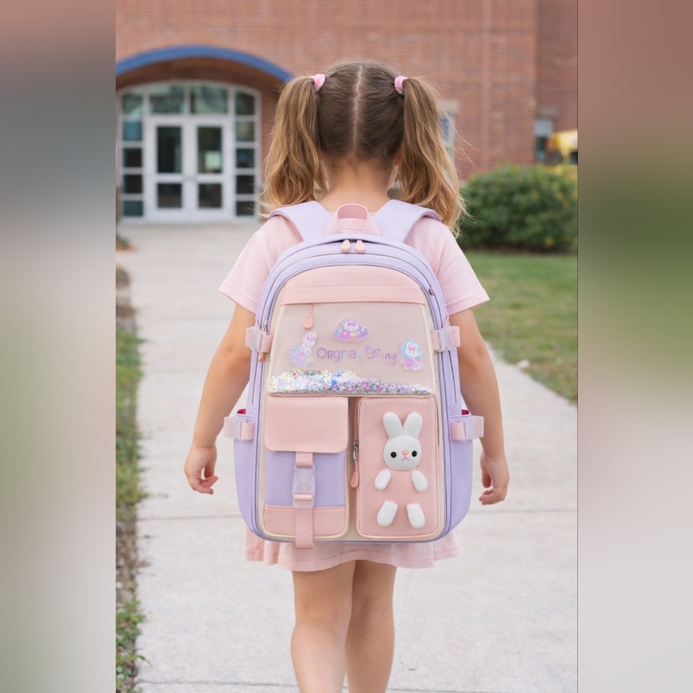 Girls Bunny Backpack Pastel Pink Purple Large School Bag Waterproof Multi Pocket